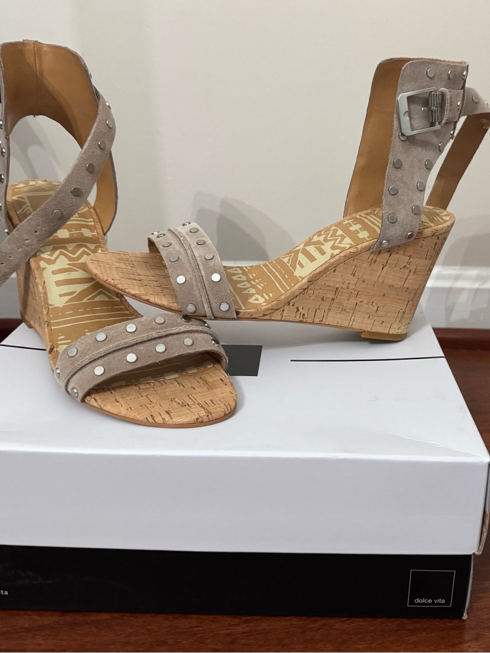Dolce Vita Taupe Suede Studded Cork Wedge Sandals